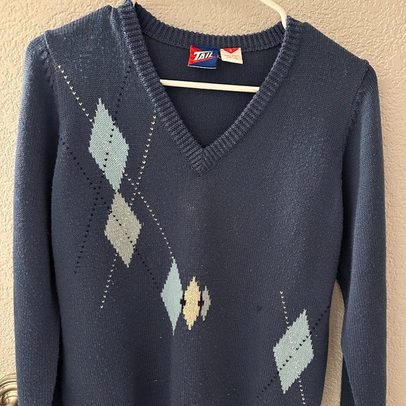 Women's Vintage Tail Blue V-Neck Pullover Sweater - Picture 1 of 6